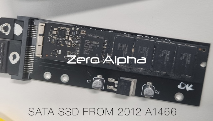 apple macbook air A1466 from 2012 showing the sata ssd with toshiba controller