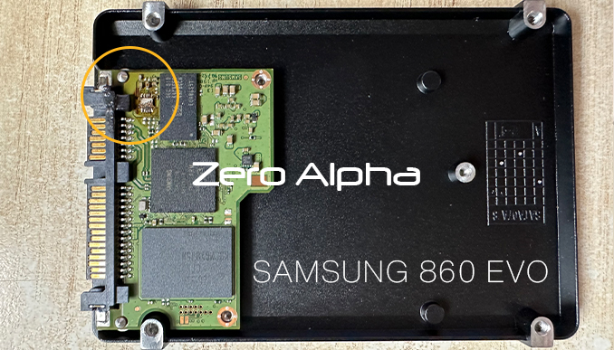 samsung 860 evo opened showing pcb inside and blown e-fuse